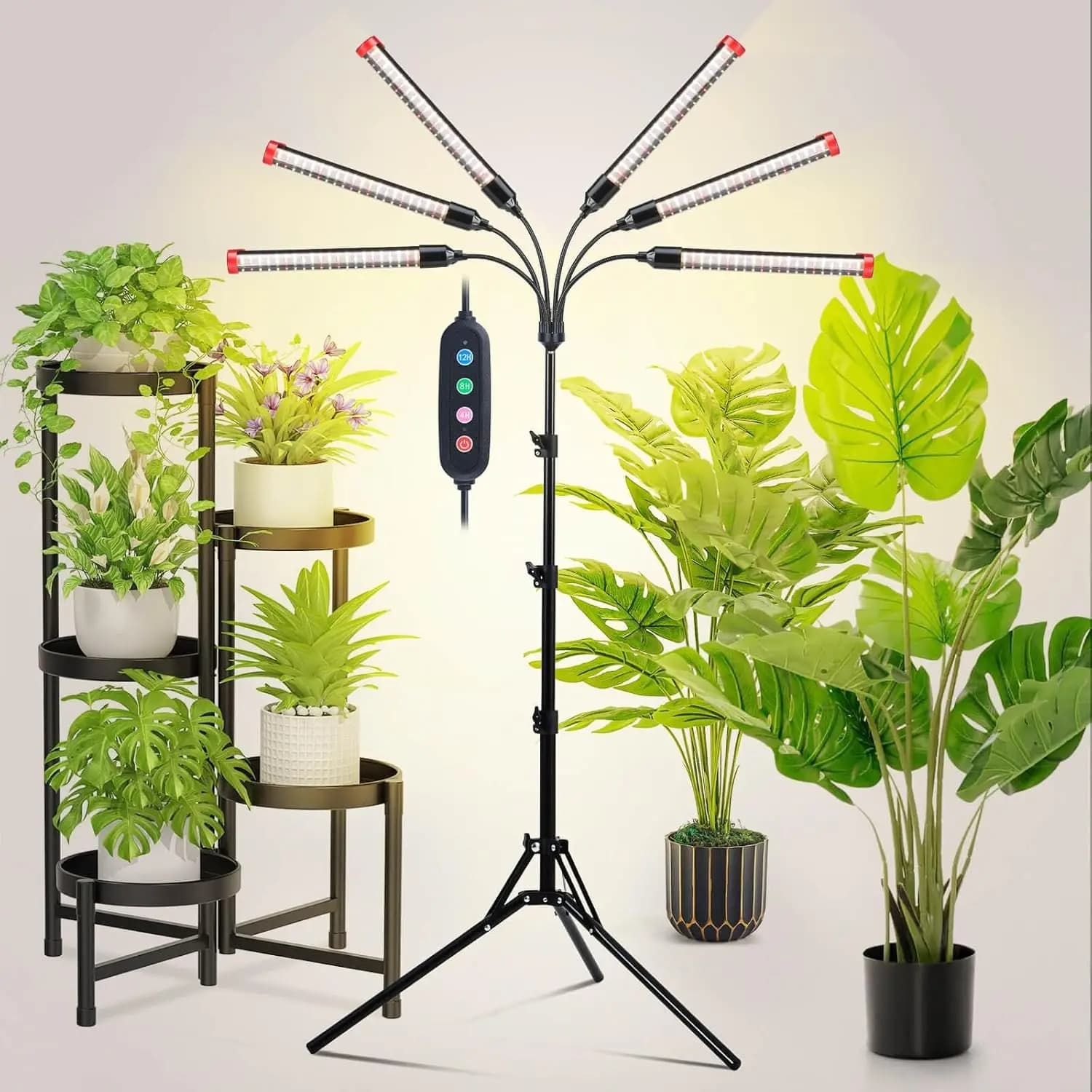 Lampada per Coltivazione Indoor 54W con Supporto, Luce a Spettro Completo per Bonsai, Treppiede Regolabile e Timer