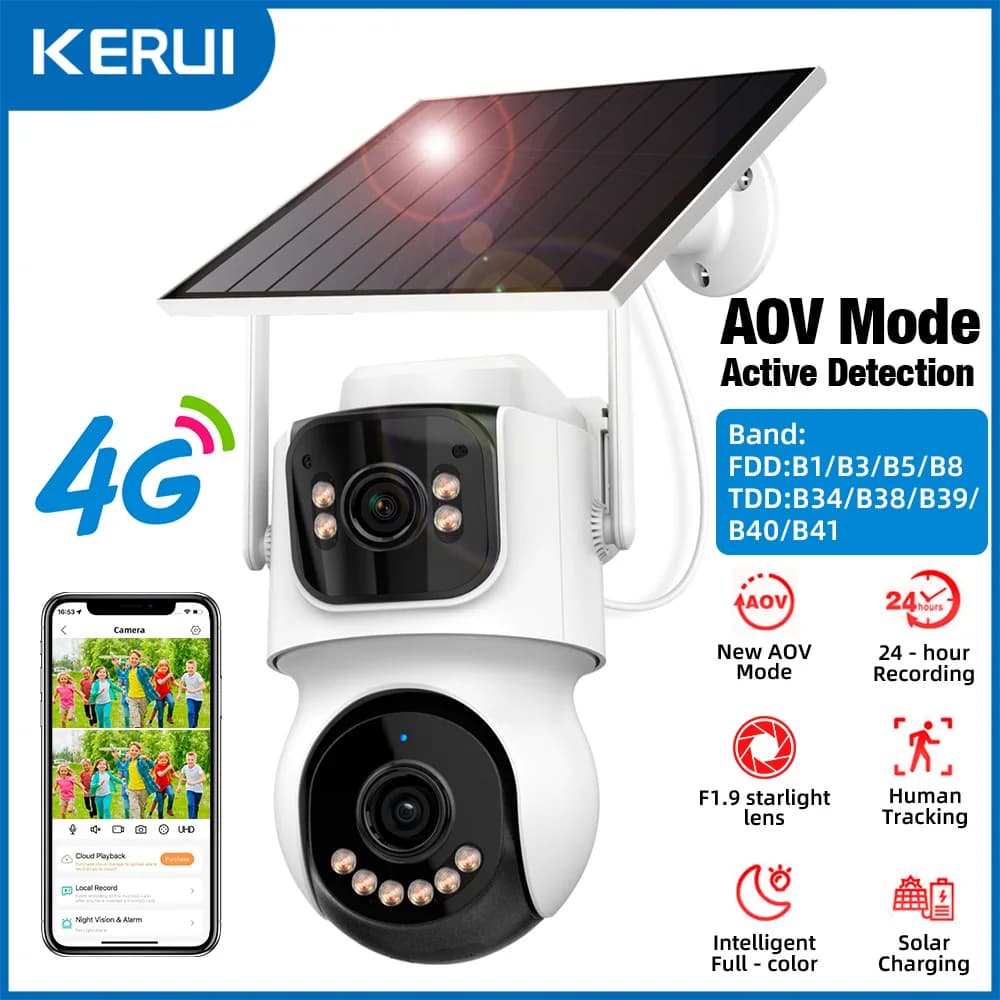 KERUI 4MP WIFI IP Telecamera esterna con doppia lente 24H AOV 4G ad energia solare Zoom 10X PTZ Sicurezza domestica CCTV Sorveglianza Icsee