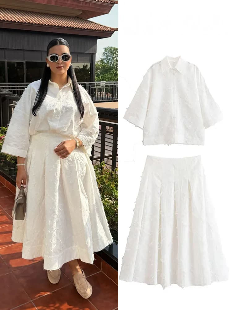 HH Women's set with tassels White single-breasted shirts with inverted collar + High-life hinge Long trapeze skirts Women's holiday dress