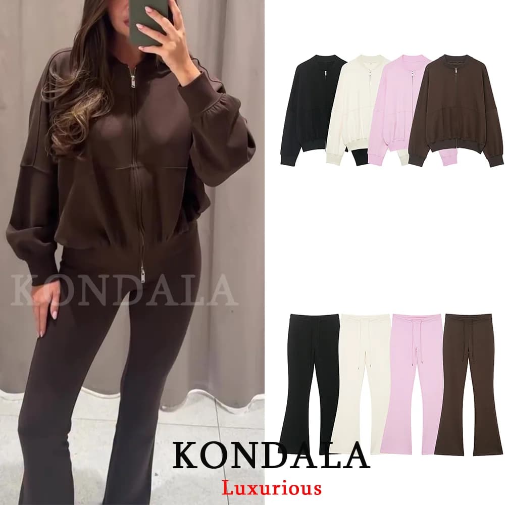 KONDALA Casual Chic Brown Chocolate Women's Dresses Long sleeves Long jackets Elephant long pants Elastic sports women's running suits