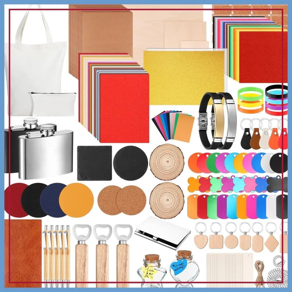 Kit di Materiali per Incisione Laser da 257 Pezzi: Acrilico, Metallo, Legno, Tessuto, Pelle PU, Vetro, Roccia, Gomma per Incisori e Taglierine