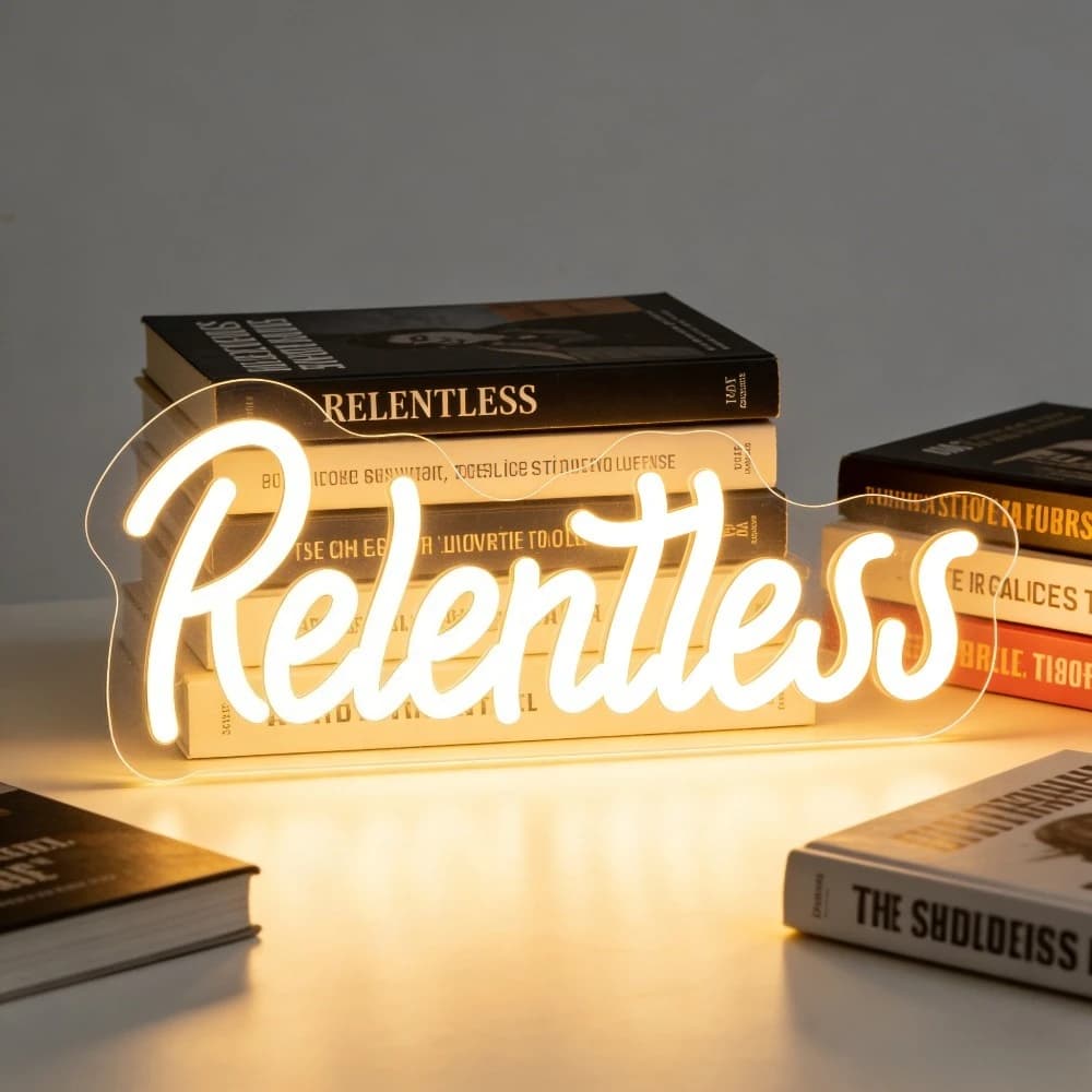 Insegna al Neon Motivazionale 'Relentless', Arte LED da Parete per Casa, Ufficio, Studio, Palestra, Decorazione con Citazione Ispirazionale, Illuminazione per la Perseveranza, Regalo