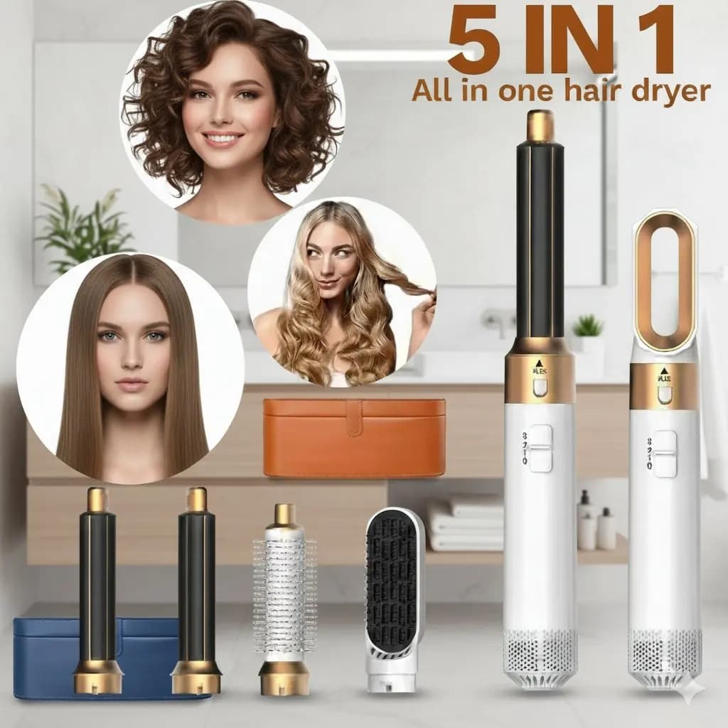 Professional hair dryer 5 in 1 with hot air brush, iron hair curler and hair plate for a quality salon styling