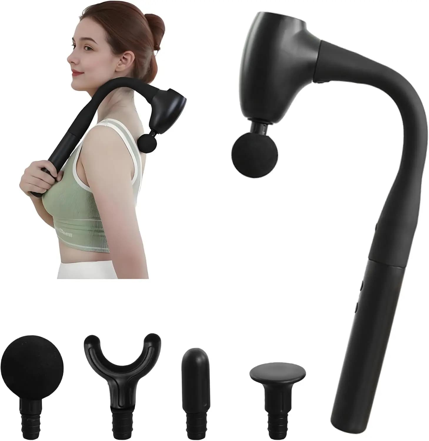 Massage Gun with Extended Handle and U-Attachment for the Back, 4 Heads and Speed for a Deep Muscle Lift