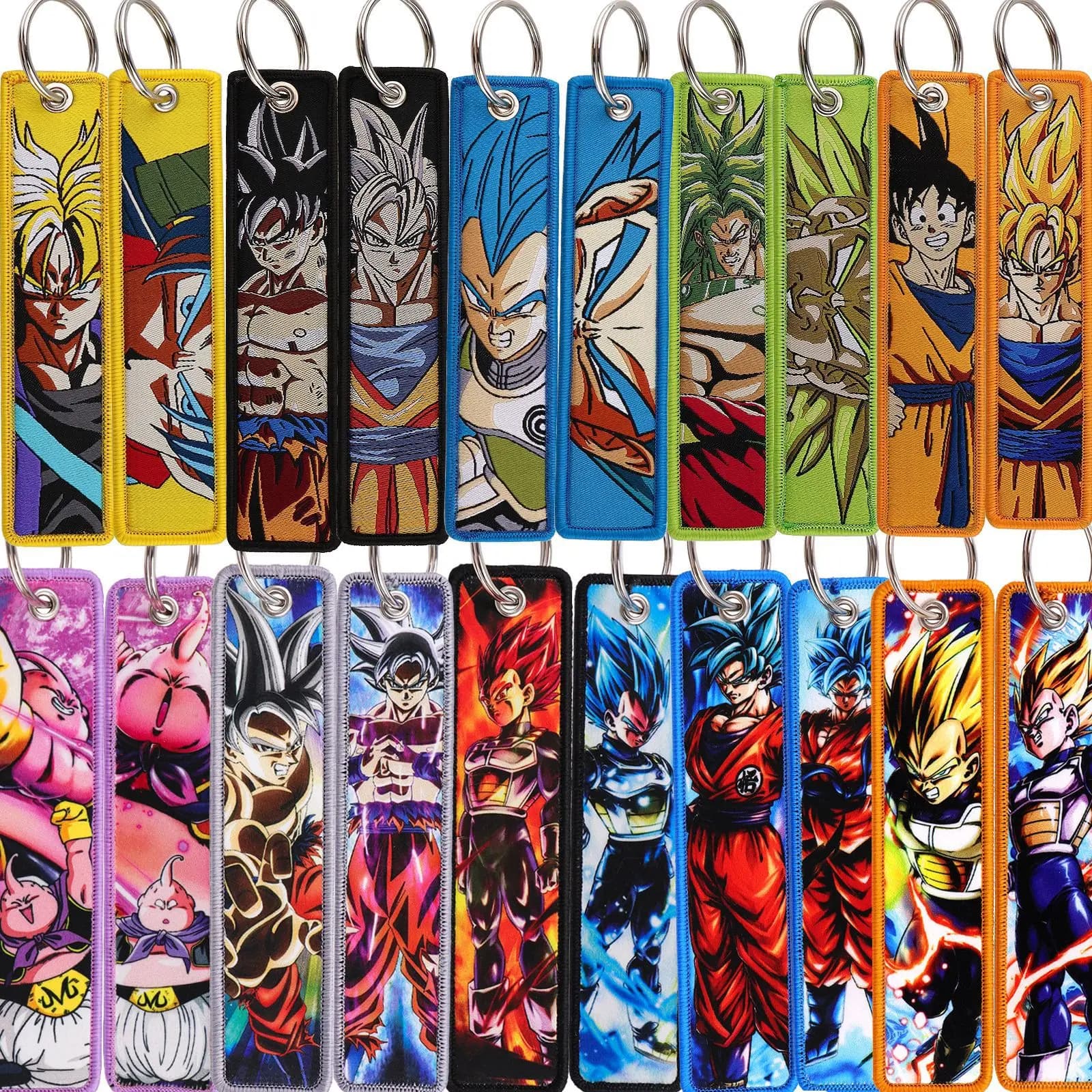 Portachiavi Dragon Ball, Portachiavi con etichetta tessuta, Portachiavi con cordino anime stampato su entrambi i lati, con più personaggi come Goku Super Saiyan, Ultra Instinct, Super Four, Super Blue e Majin Buu, Portachiavi in tessuto resistente, Adatto per auto, moto, zaini, bagagli, regali