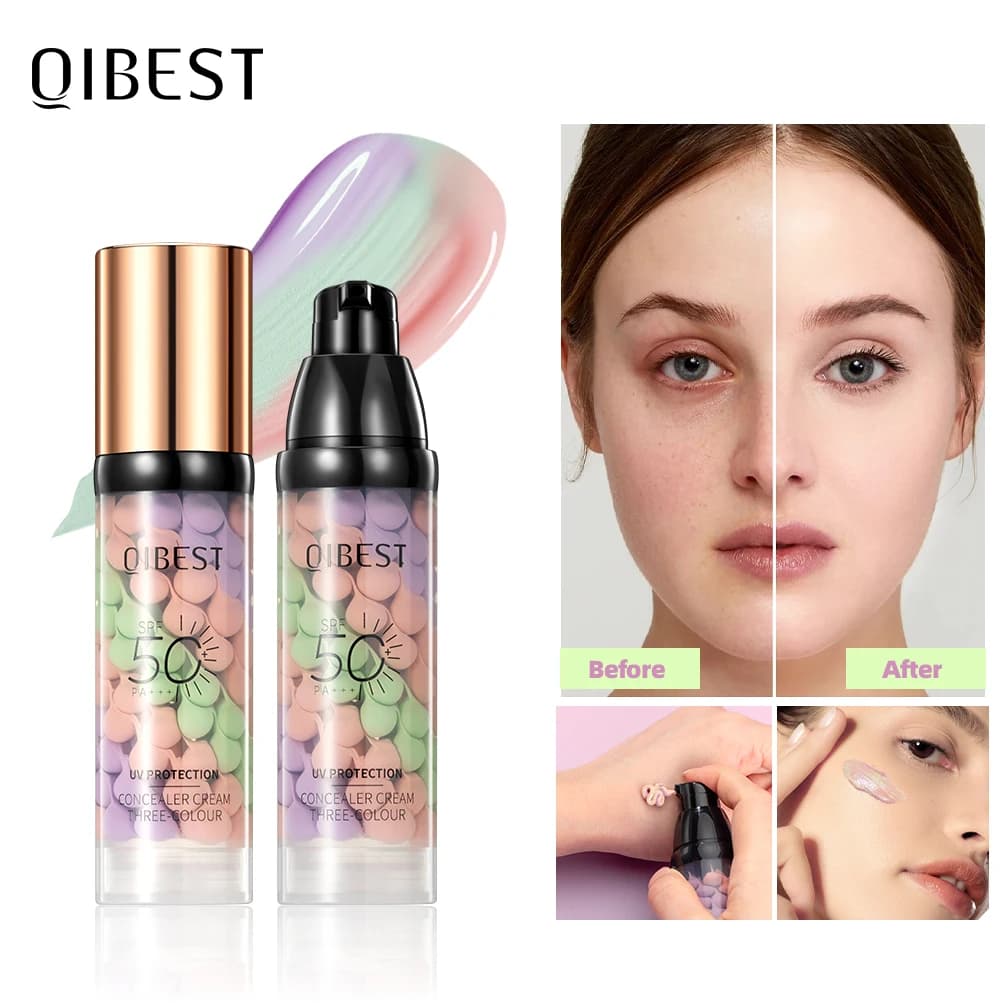 QIBEST Primer per trucco viso Crema tricolore Illumina il contorno Isolamento del colore Fondotinta impermeabile Crema base per trucco naturale