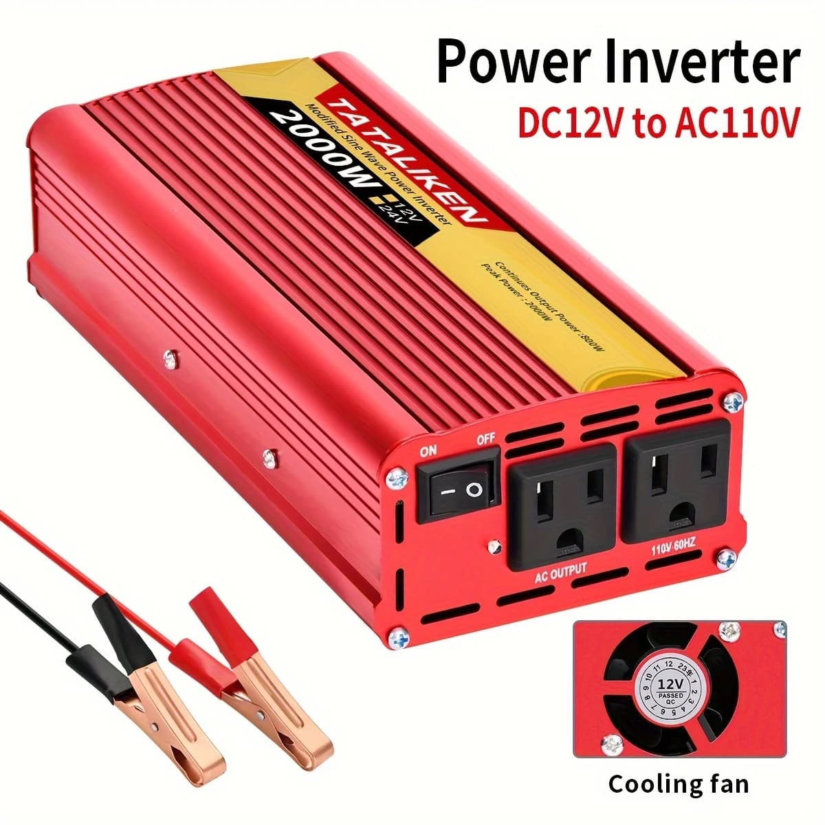 Convertitore di potenza portatile da 2000 W (picco), convertitore da CC 12 V a CA 110 V, presa standard USA, ventola di raffreddamento integrata e protezione da sovraccarico