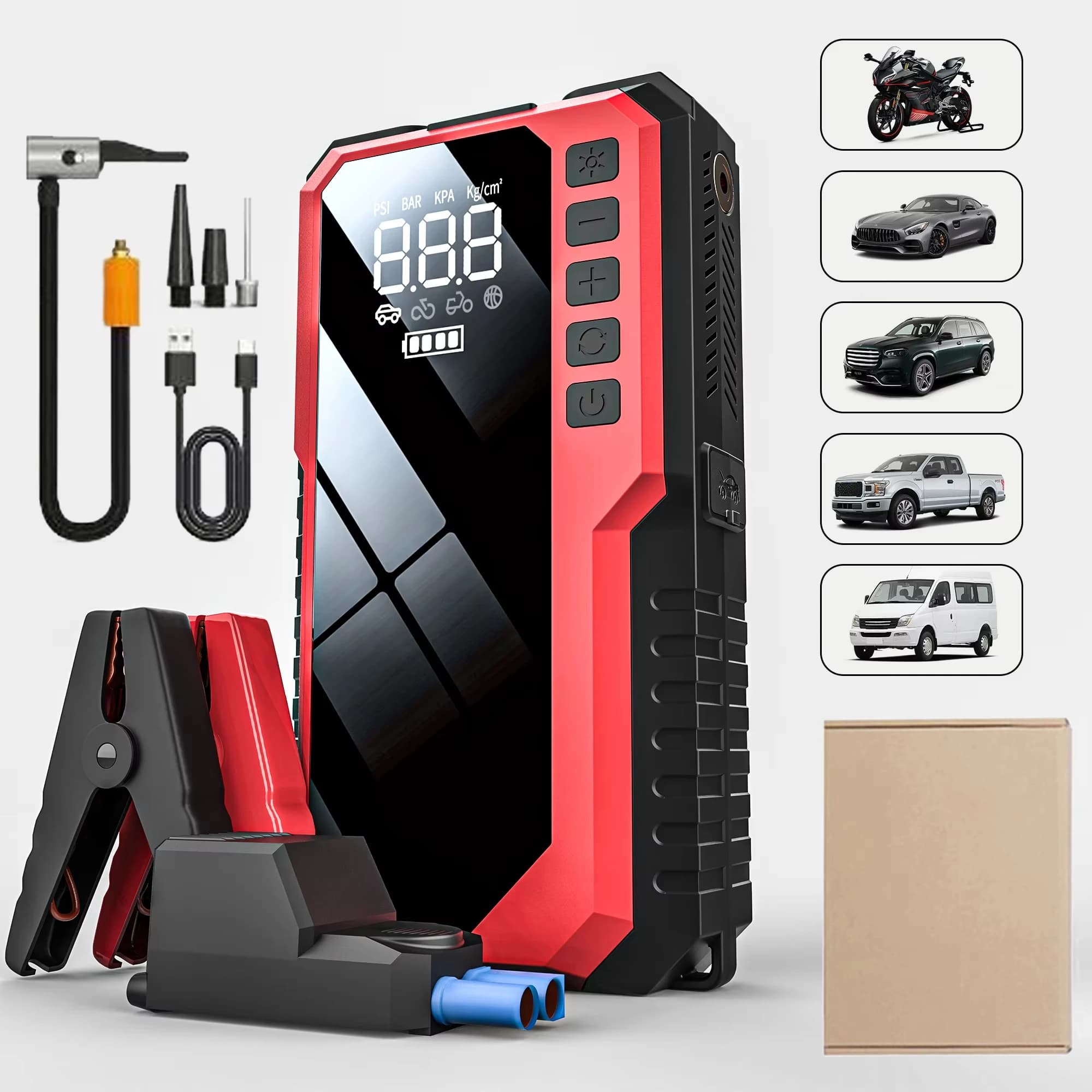 Avviatore di Emergenza per Auto 12000mAh con Compressore d'Aria e Power Bank 12V, Caricabatterie Multifunzione per Auto