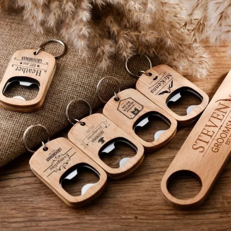Wooden key chain with beer bottle opener with custom name for wedding Keychain with logo for car with laser engraving Vintage custom wood keychain