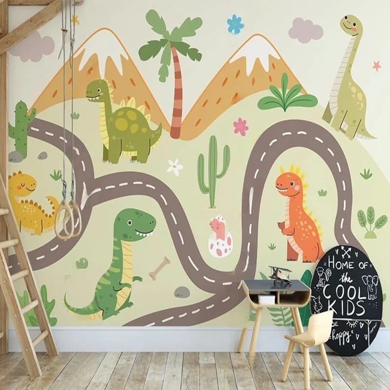 Customized Printed Wall - Wallpaper with Mountain Pattern and Cartoon Dinosaurs Roads For Kids Bedroom Decoration