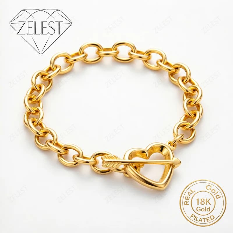 925 Sterling Silver 18K Gold Plated 8 Inch Beautiful Arrow Through Heart Bracelet Women's Fashion Wedding Party Jewelry