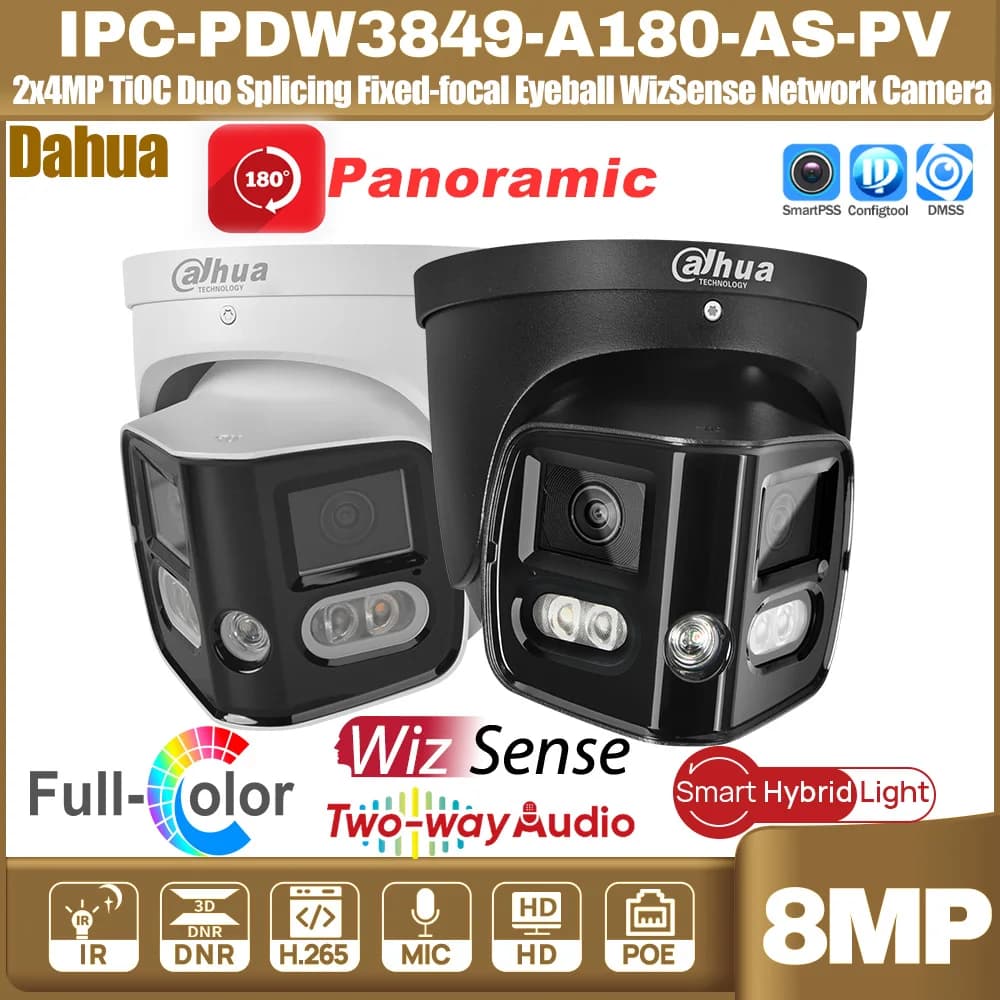 Dahua IPC-PDW3849-A180-AS-PV 2x4MP 180 ° TiOC Duo Splicing Telecamera di rete WizSense con bulbo oculare a focale fissa Suono e luce Audio bidirezionale