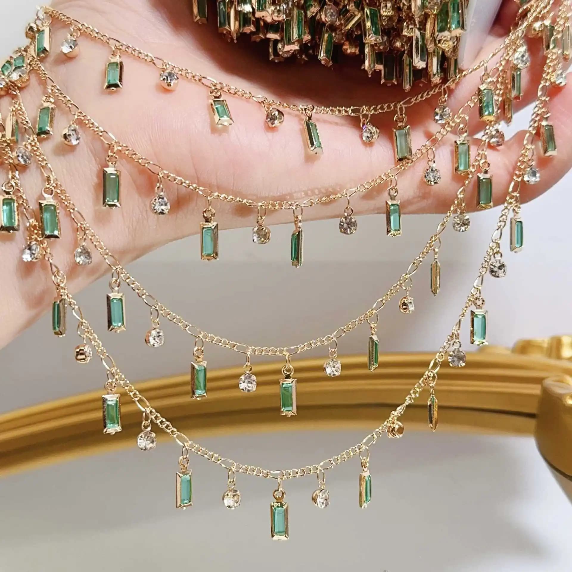 Catena in rame con pendente rettangolare con strass verde menta da 1 metro per la creazione di gioielli con catena di maglione, braccialetto, collana fai da te
