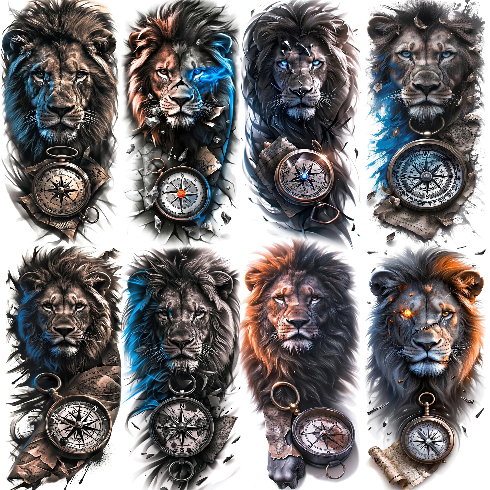 1 Sheet Trendy Cool Lion With Compass Temporary Tattoos For Men Women Waterproof Realistic Fake Tattoo Sticker 3D Forearm Tatoos