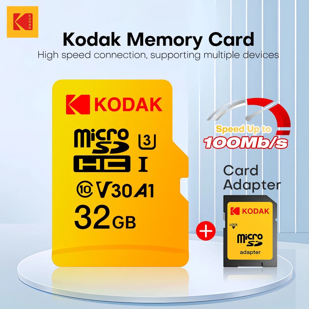 Kodak Originale Scheda Micro SD U3 Classe 10 ad Alta Velocità fino a 100MB/s, Scheda di Memoria TF con Adattatore - Disponibile in 32GB, 64GB, 128GB