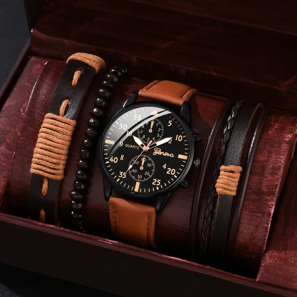 4/2/1 pieces men's sports watches set quartz watch for businessman luxury bracelet in brown leather casual men's watch (without box)