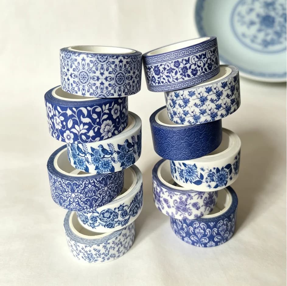 Blue & White Porcelain Washi Tape Set, 12 Rolls Elegant New Chinese Chinoiserie Pattern Decorative Tape for Journaling Scrapbook