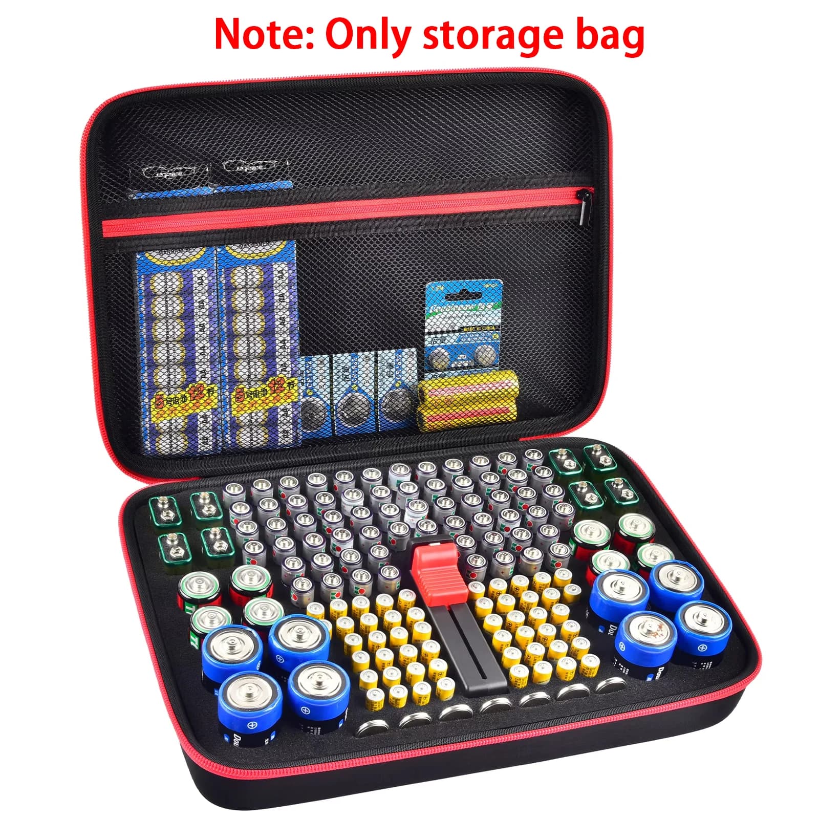 Battery organizer with tester, rigid case for over 150 AA, AAA, 9V, C, D, lithium and button batteries, for home and garage.