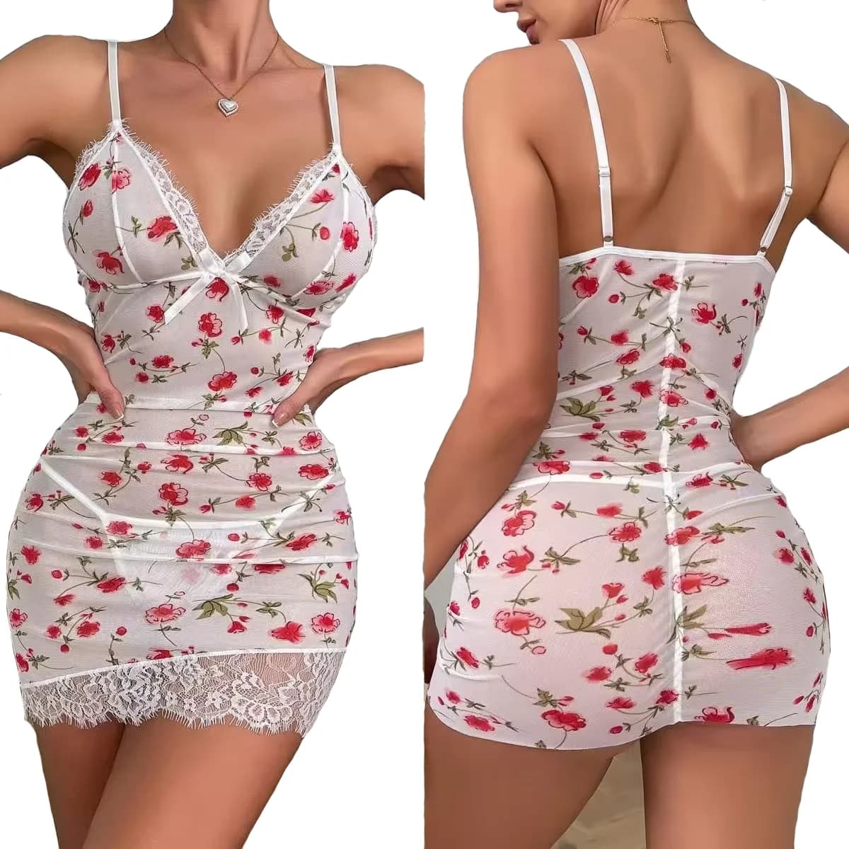 Sexy nightwear for sleeping Dress Woman Lingеrie Set Nightshirts and panties with deep V neckline Underwear with lace volant