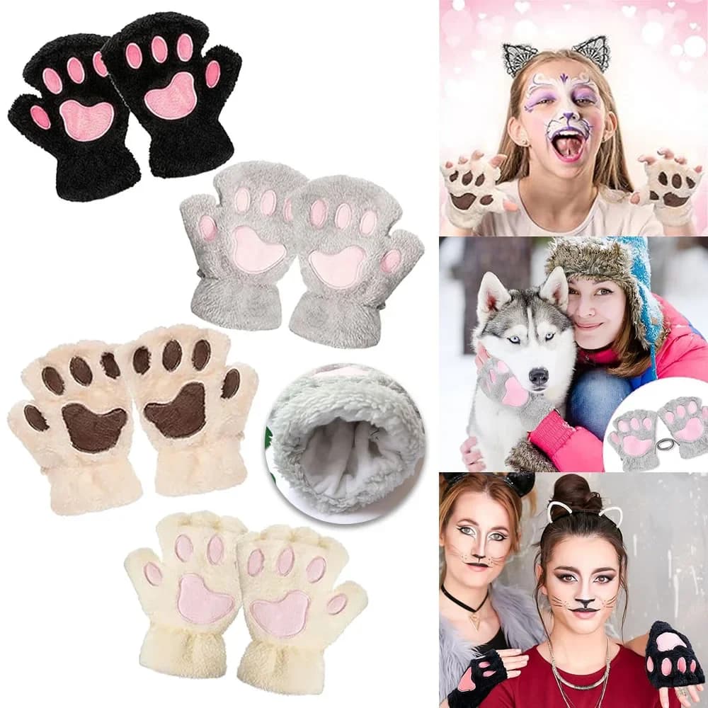Women's Winter Gloves in plush, cat's paw design - Mid-tie hot gloves, suitable for office use, cycling and outdoor activities