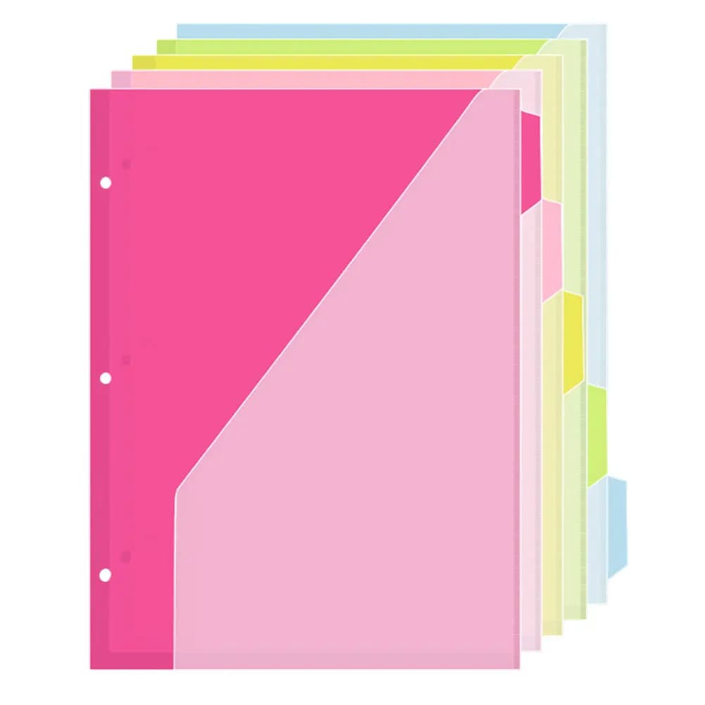 Divisori per raccoglitori a tre fori da 5 pezzi con linguette Divisori per cartelle con tasche Divisori per file in plastica A4 per documenti Spartiti Note