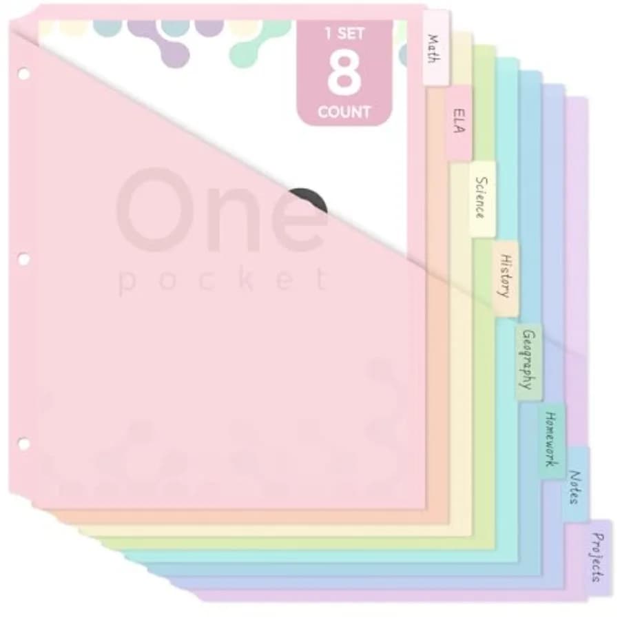 Divisori per Raccoglitori con Linguette, Divisori per Raccoglitori a 3 Anelli con Tasche, Divisori in Plastica Durevole a 8 Linguette, Organizzatore per Documenti a Tasca Singola