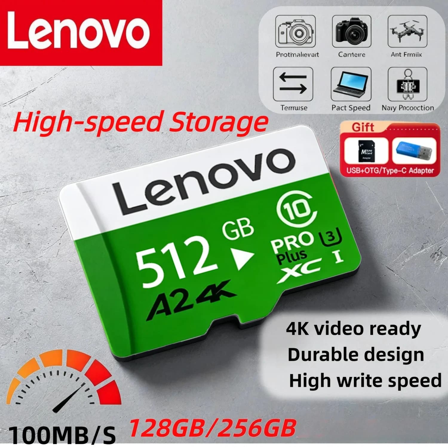 Lenovo Memory Card High Endurance Video Monitoring TF Card 64GB 128GB 512GB golden Micro TF SD card For SmartPhone Camera Drones