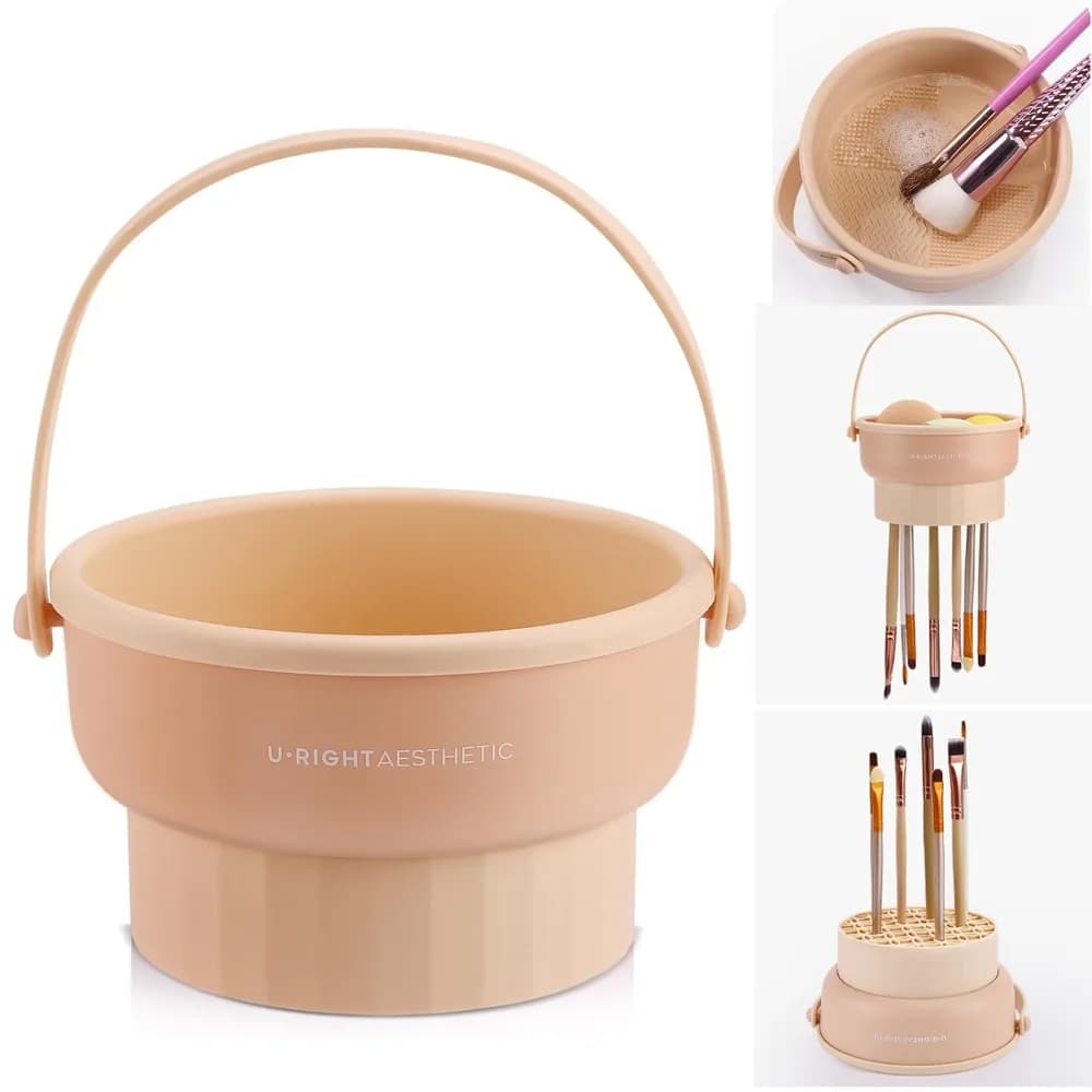 3 in 1 Silicone Makeup Brush Cleaning Mat with Detachable Washing Bowl for Deep Cleaning Drying and Storage Organizer Non Slip Textured Surface for Cosmetic Foundation Blush Eyeshadow Brushes Khaki Color Professional