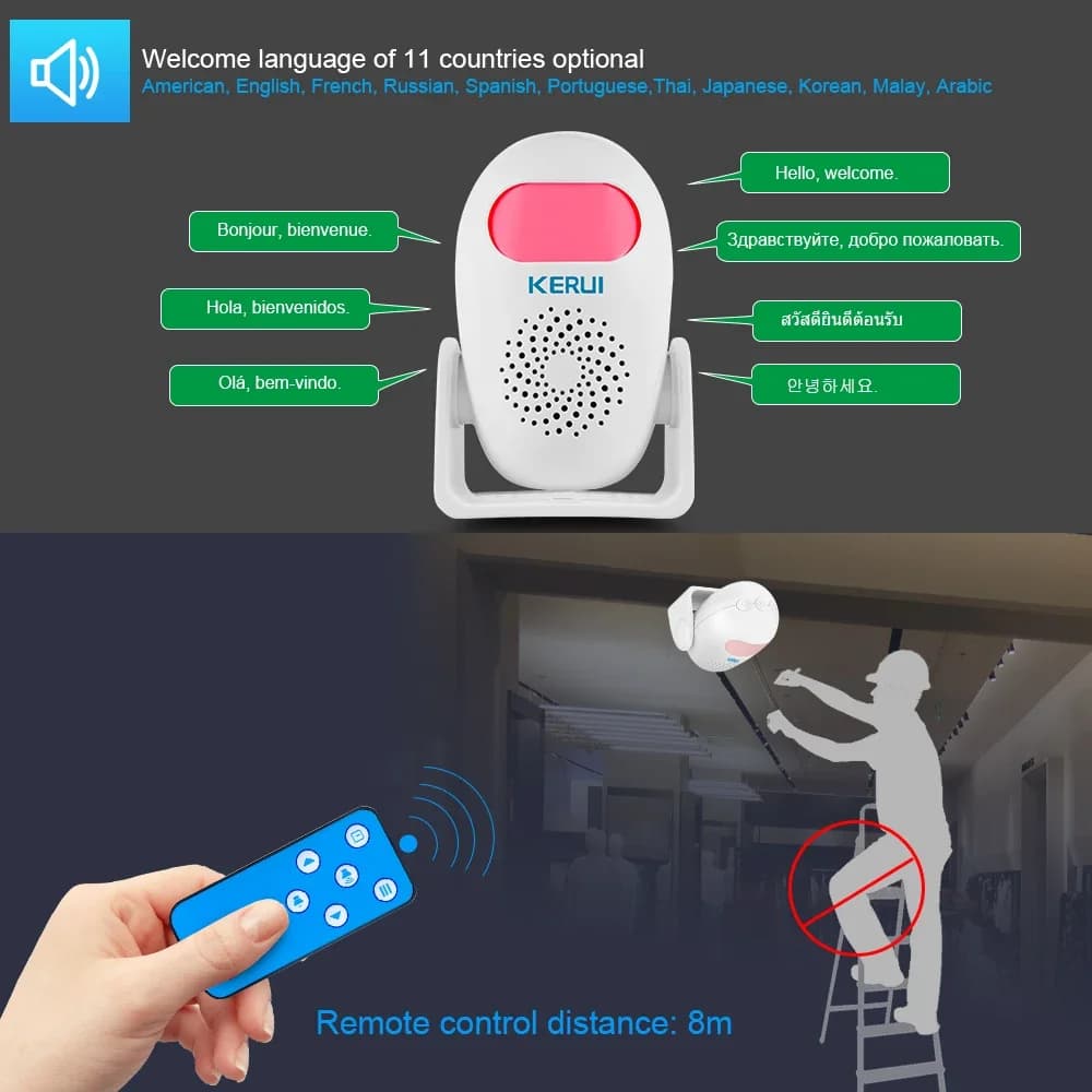 KERUI Rilevatore di movimento Allarme PIR A infrarossi Antifurto Antifurto Campanello di benvenuto Campanello per garage Negozio Sicurezza domestica Smart M120