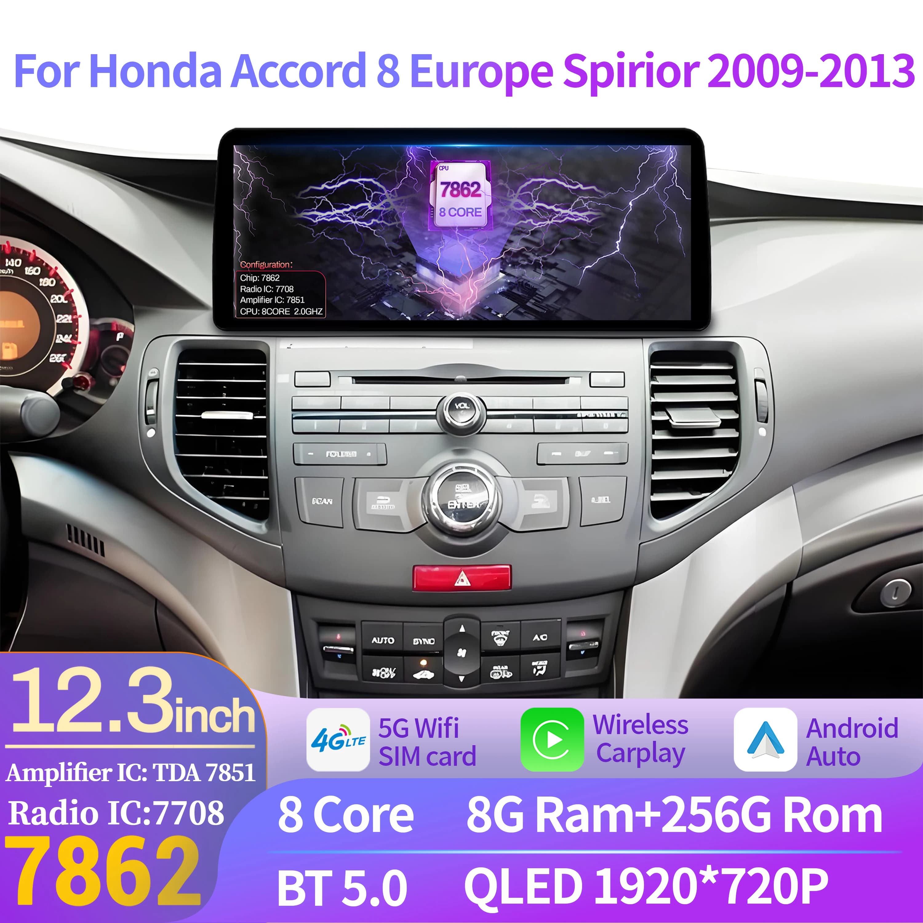 12.3 pollici Per Honda Accord 8 Europa Spirior 2009-2013 Autoradio Multimediale di Navigazione GPS Senza Fili Android 14 BT CarPlay Schermo
