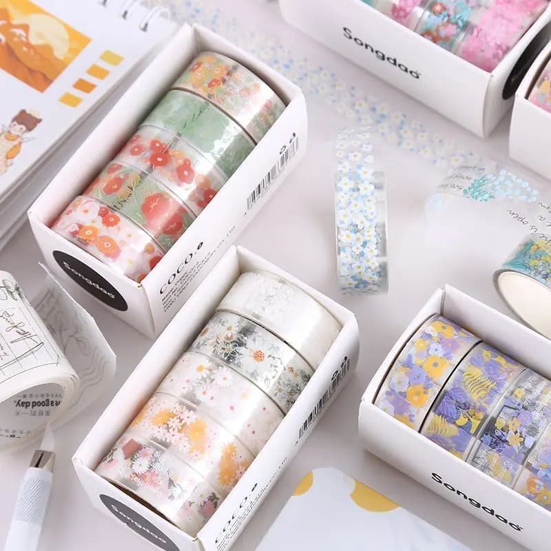 Set di 5 Rotoli di Nastro Washi Giapponese per Journaling, Decorativo, Adesivo per Artigianato, Collage, Nastro PET, Materiale Scolastico