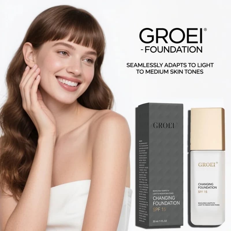 GROEI Changing Foundation SPF 15 - Trucco colorato adattivo da 30 ml, abbinare automaticamente il tono della pelle, copertura leggera per imperfezioni e rossore