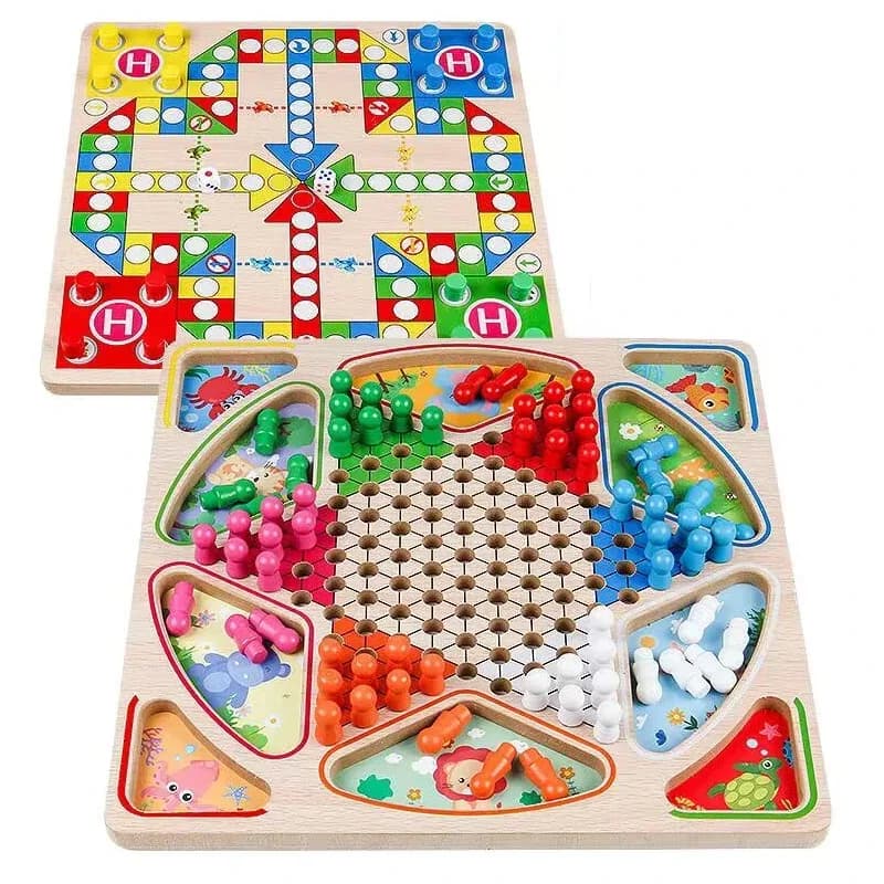 2 in 1 Mini gioco di scacchi a doppia faccia Scacchiera Scacchi volanti in legno Dama cinese Set da tavolo Ludo volante Giocattolo per la famiglia del capretto