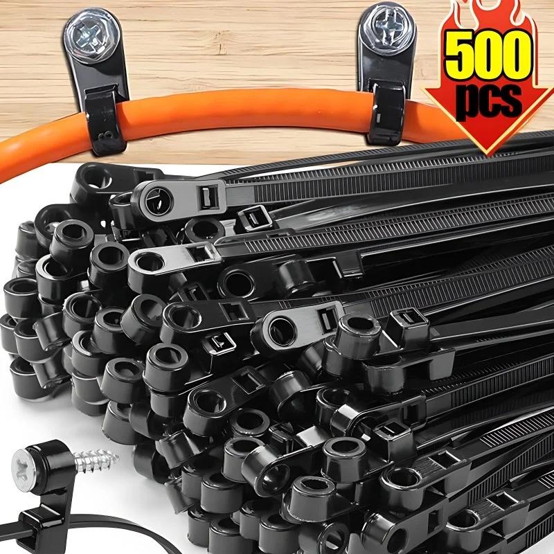 500/100PCS Cable Grips with Screw Hole Clamps Reusable Nylon Cable Grips Self-locking Grips Fixing Ring Organizer for Office