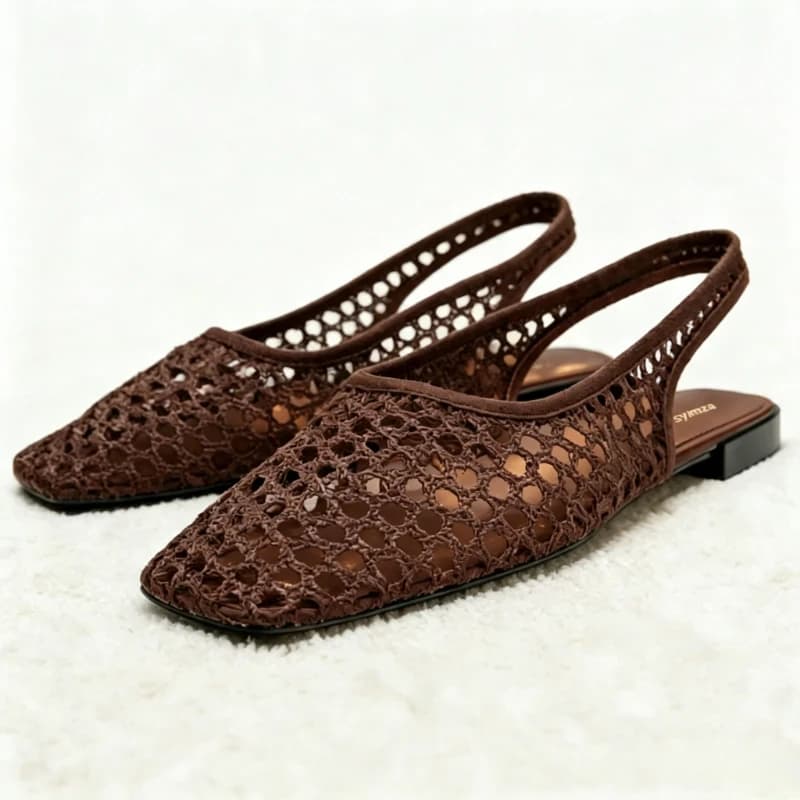 Brown women's flat sandals in net with cut-out, fashionable, with square tip and back strap, designer shoes, comfortable and light for summer, for holidays and beach