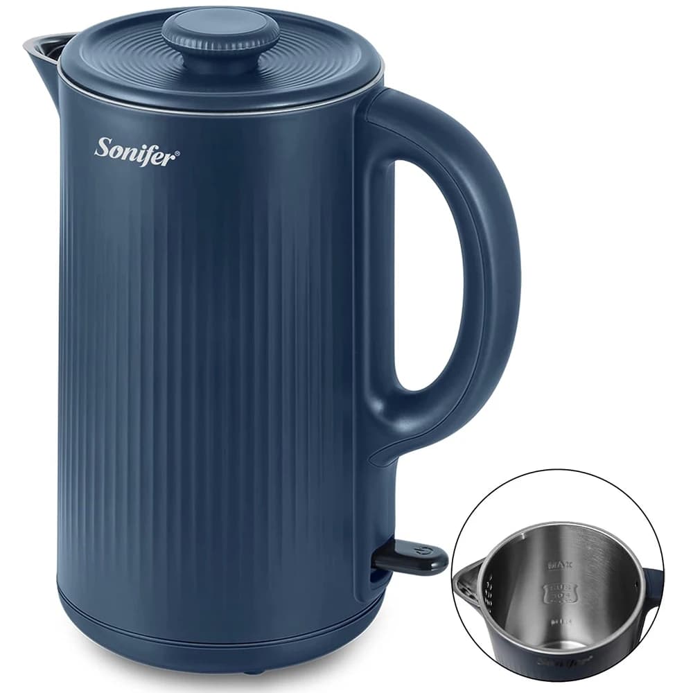 Bollitore elettrico in acciaio inossidabile 304 design a doppia parete per uso domestico 1.7L 1500W alloggiamento smerigliato senza fili