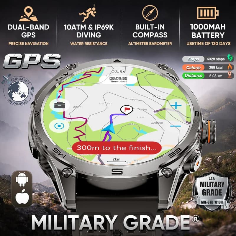 Nuovo Smartwatch GPS di Grado Militare 2026 con AGPS Dual-band Integrato, Impermeabile 10ATM, Bussola, Batteria 1000mAh, 170+ Modalità Sportive, per Uomo