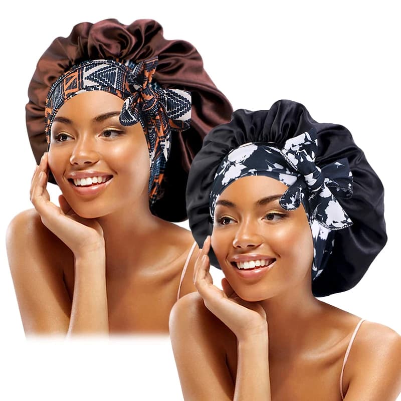 2 PZ/LOTTO Boho Printed Satin Fabric Lace Up Bowknot Hood For Elastic Hair Sleeping Night Cap Shower Enclosures For Women