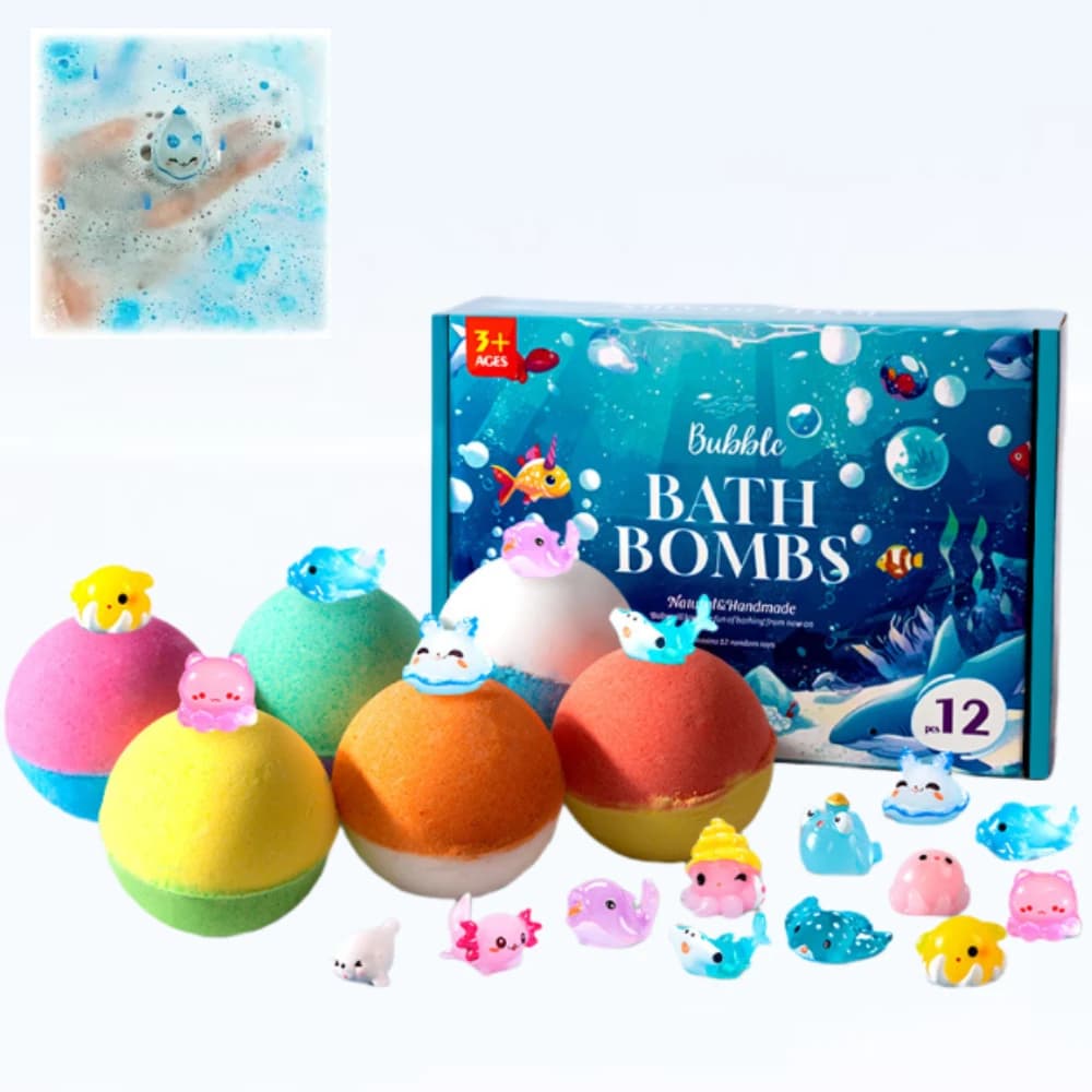 12 Bombe da Bagno Naturali per Bambini, Palline Effervescenti per Spa con Giocattoli Sorpresa all'Interno, Olio Essenziale per la Cura della Pelle, Regalo per Ragazze e Ragazzi