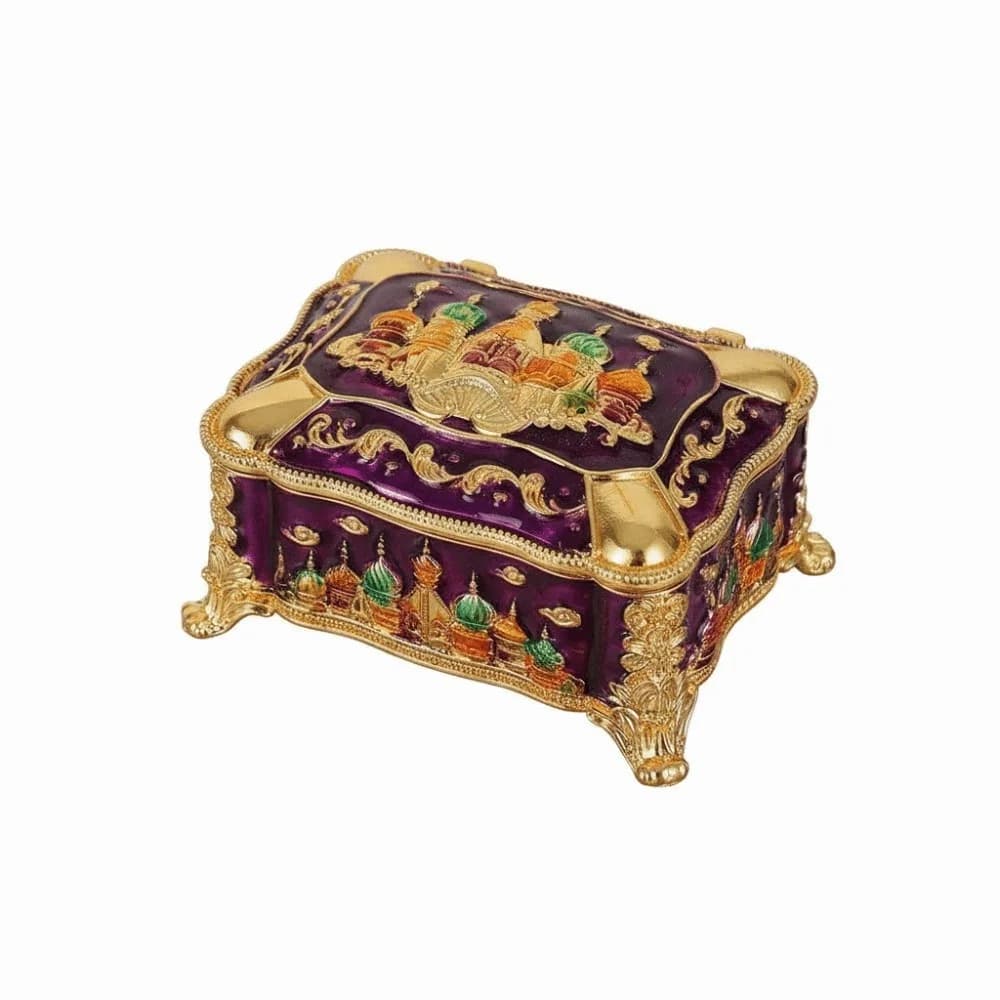 Mini Portable Jewelry Box in Polished Alloy with Relief Castle, Ring Container, Colorful Decorative Box in European Princess Style