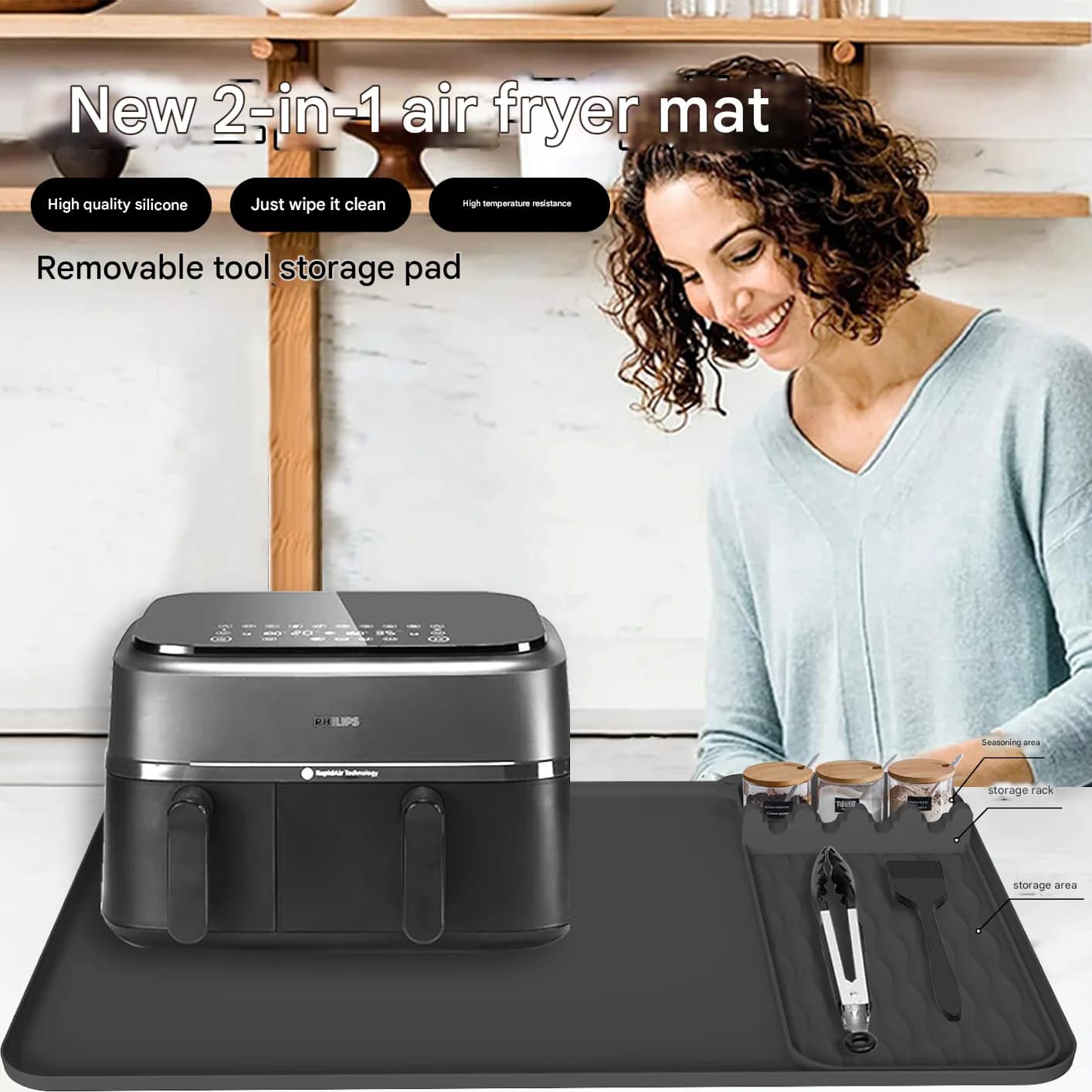 1PCS Silicone Air Fryer Heat Resistant Protective Mat for Ninja/Cosori/Chefman/Toshiba, High Quality Kitchen Bench Protection