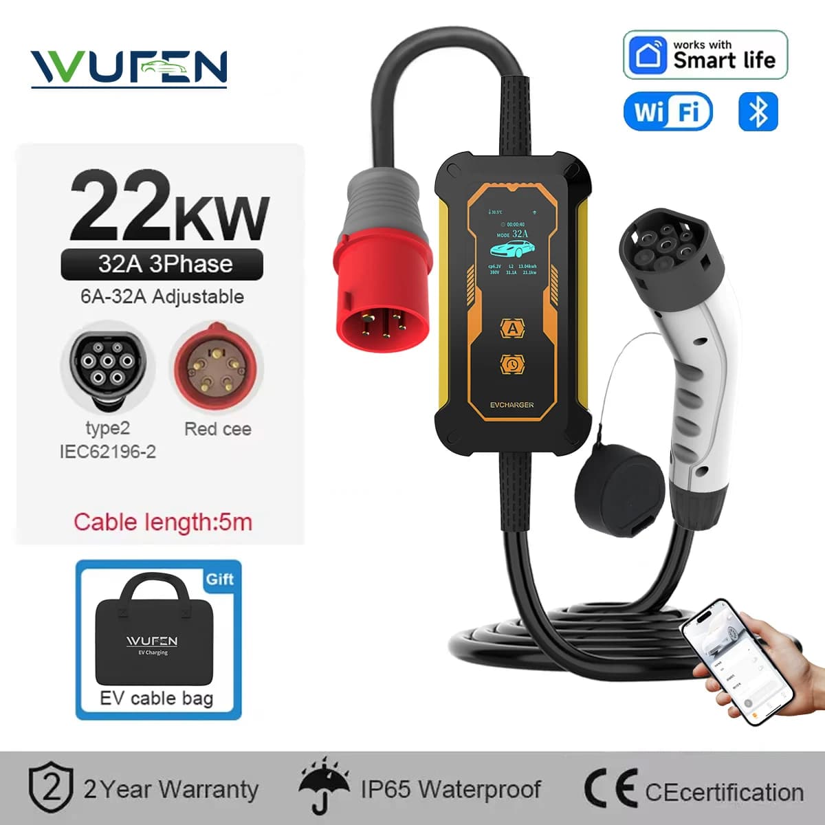 WUFEN 32A 22KW 3P Portable Charging Station with Spina Type 2, 5m cable, Adjustable current and Control via App for Electric Cars
