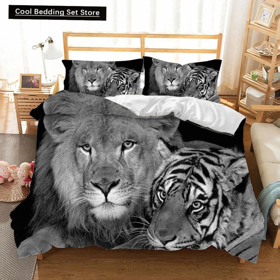 Copripiumino Lion Tiger King Queen Set di biancheria da letto con animali selvatici adorabili per bambini Adolescenti Adulti Fauna selvatica Grigio Nero 2/3 pezzi Copripiumino