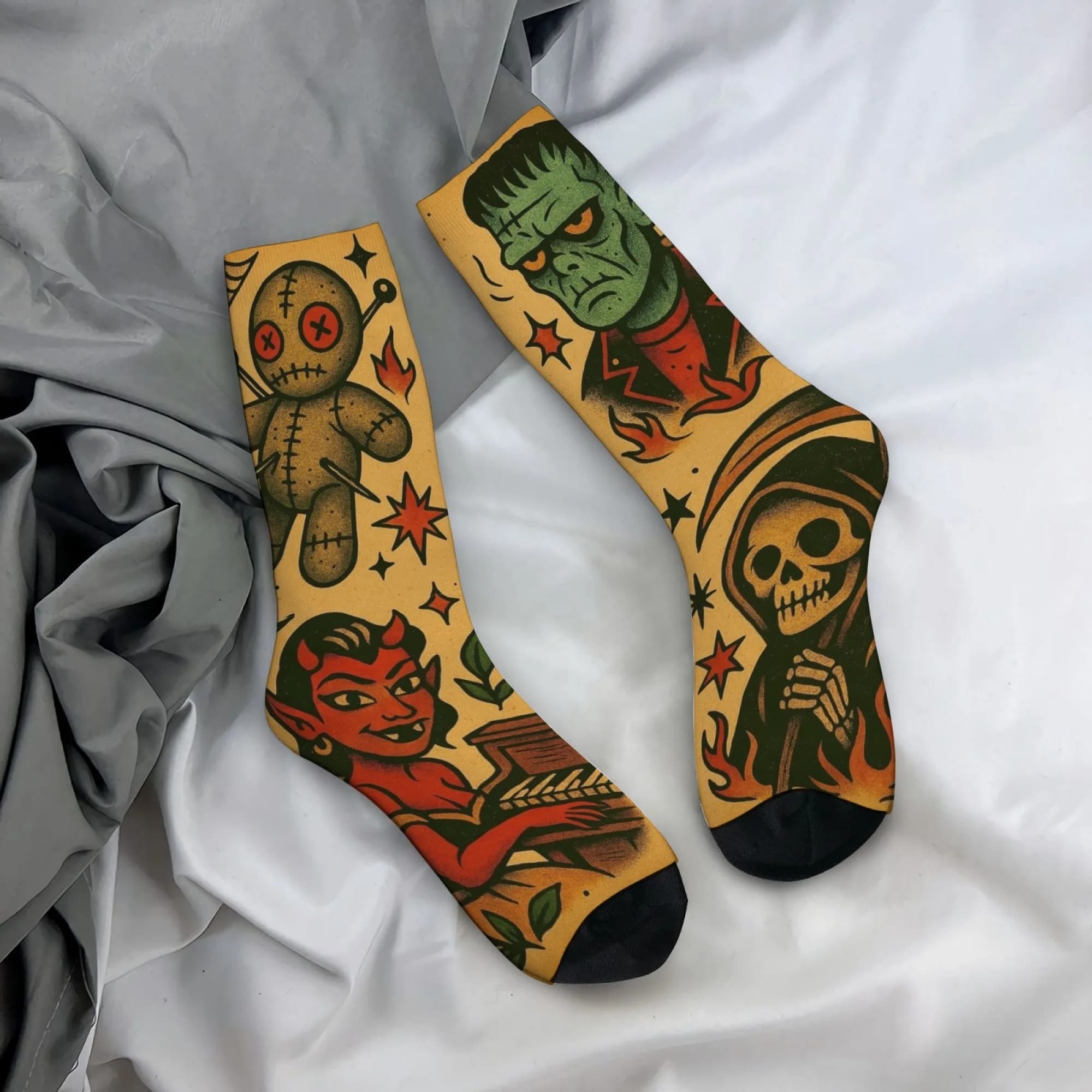 Dark Crew vintage tattoo socks, Frankenstein skull print socks for voodoo doll, gift for vintage tattoo lovers and dark style