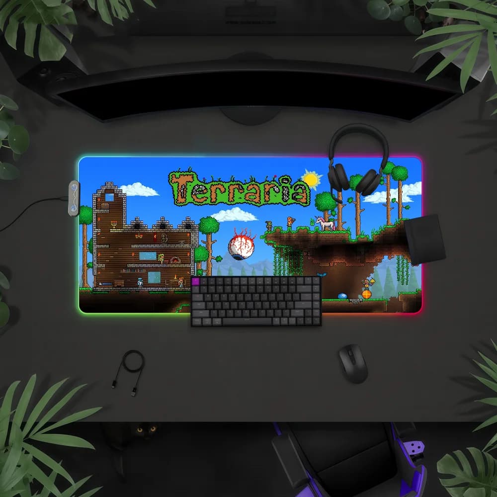 Tappetino per mouse Game T-Terraria con luce LED RGB, tastiera da gioco colorata, copertura antiscivolo, superficie impermeabile