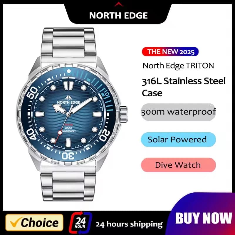 NORTH EDGE TRITON Solar Energy Watch Men's Diving Watch Luxury Quartz Watches for Men 316L Stainless Steel Case 300M