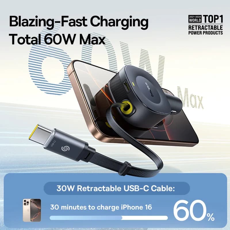Baseus 30W Caricabatteria da auto USB-C Type-C Adattatore per caricabatteria da auto a ricarica rapida retrattile