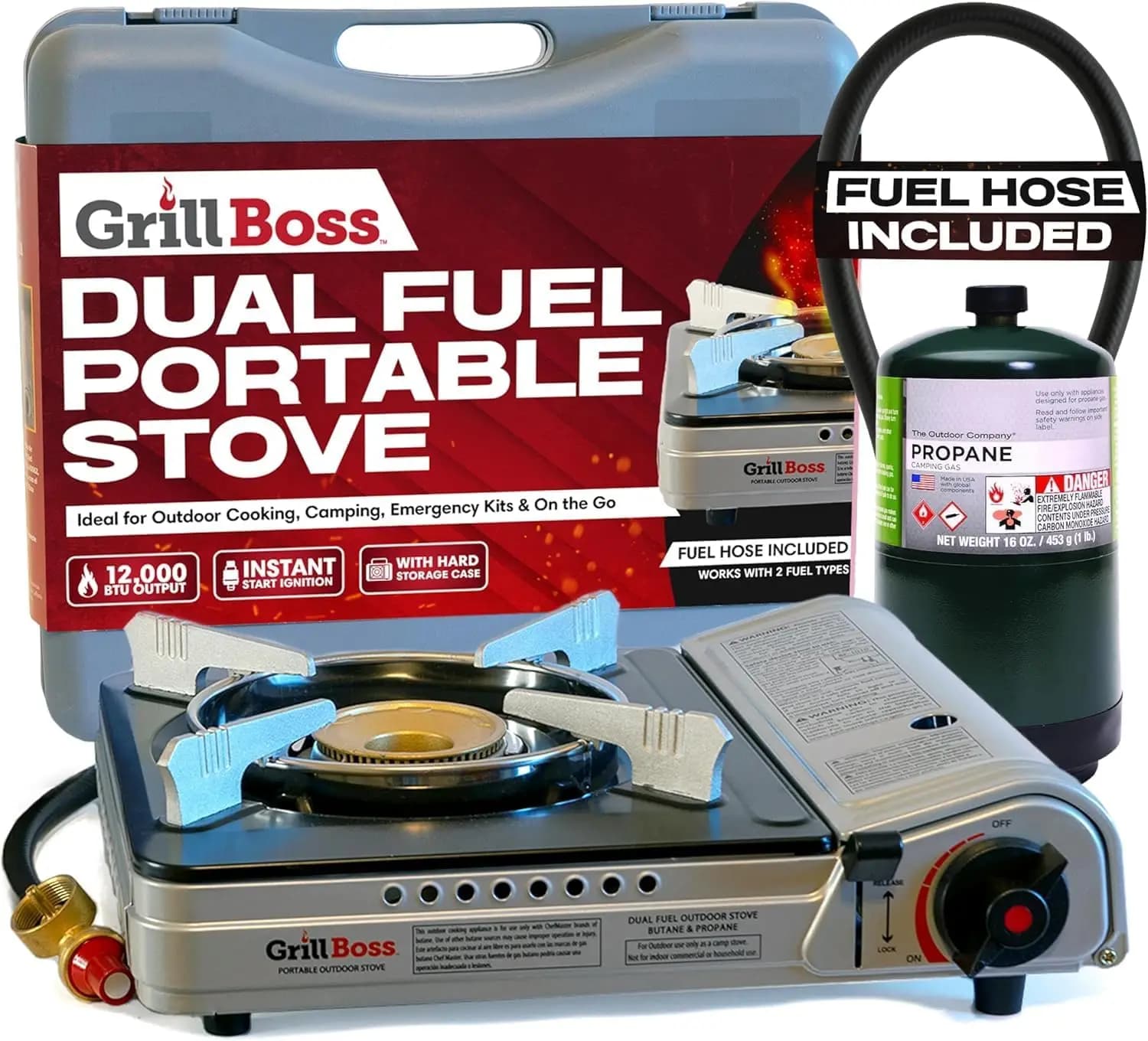 Dual Fuel Camp Stove - 12,000 BTU Butane & Propane Portable Stove for Camping, Emergencies, BBQ, Hiking & Backpacking with Piezo Ignition