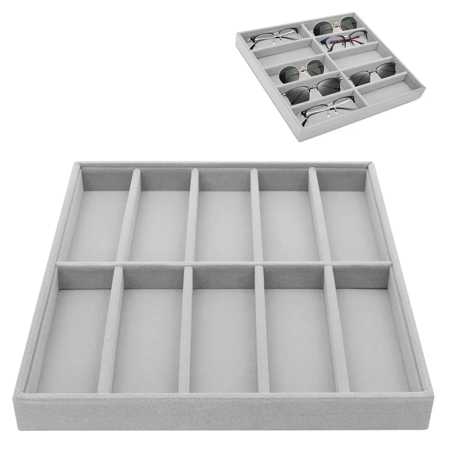 Organizzatore per occhiali da sole Vassoio espositore per occhiali in peluche a 10 slot Organizzatore di stoccaggio per raccolta di occhiali impilabile per l'esposizione domestica