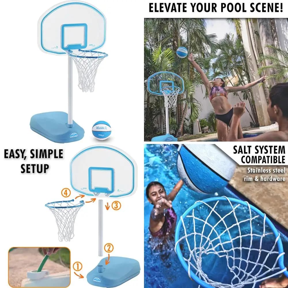 Basketball Basketball Game for Outdoor Pool Adjustable With Stainless Steel Edge And Ball Included, Transparent Blue Design